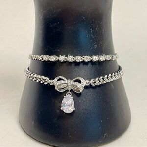 Juicy Couture Chain Double Bracelet Bow Teardrop Stone Silver Tone 7”